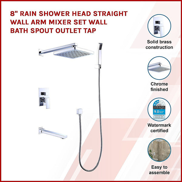 Della Francesca 8" Rain Shower Head Straight Wall Arm Mixer Set Bath Spout Outlet Tap Shower Heads & Combos