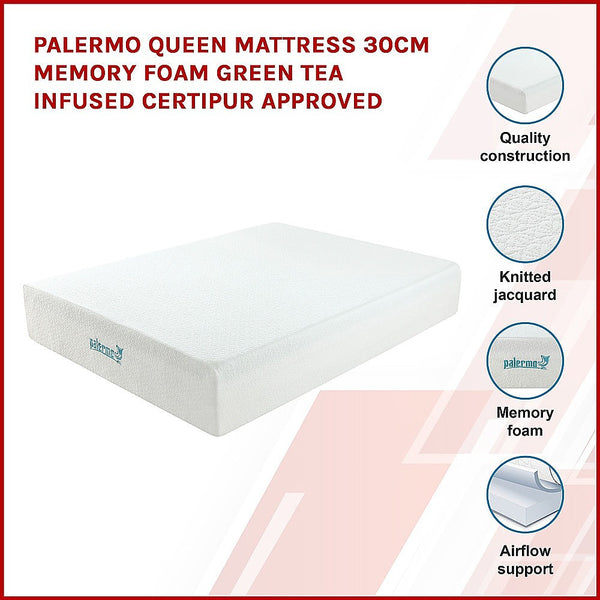 Palermo Queen Mattress 30Cm Memory Foam Green Tea Infused Certipur Mattresses