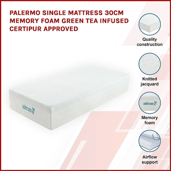Palermo Single Mattress 30Cm Memory Foam Green Tea Infused Certipur Mattresses