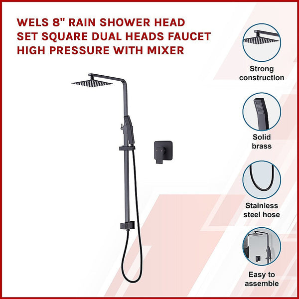 Wels 8" Rain Shower Head Set Square Dual Heads Faucet High Pressure With Mixer