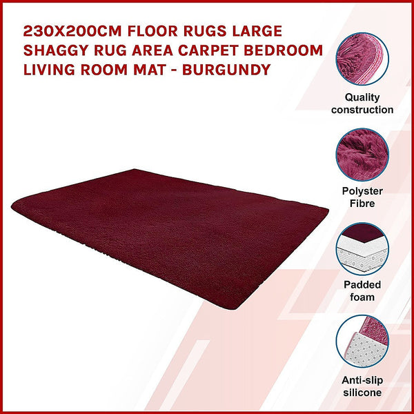 230X200cm Floor Rugs Large Shaggy Area Carpet Bedroom Living Room Mat - Burgundy