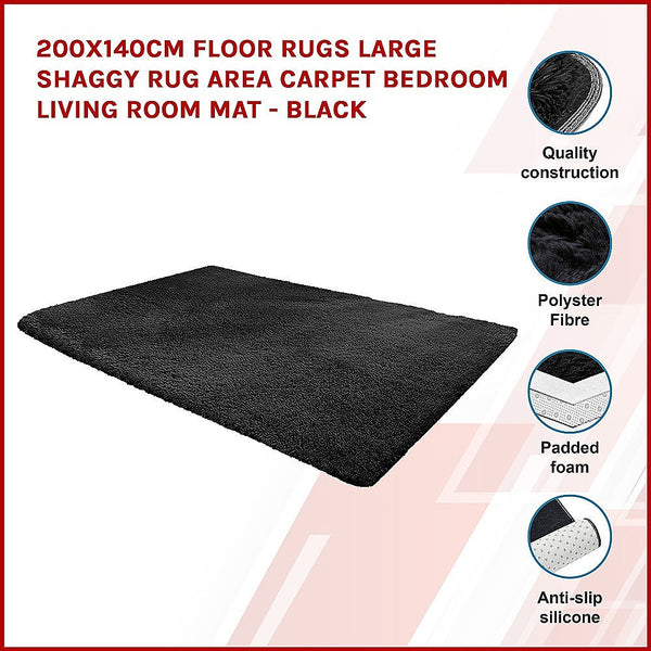 200X140cm Floor Rugs Large Shaggy Area Carpet Bedroom Living Room Mat - Black