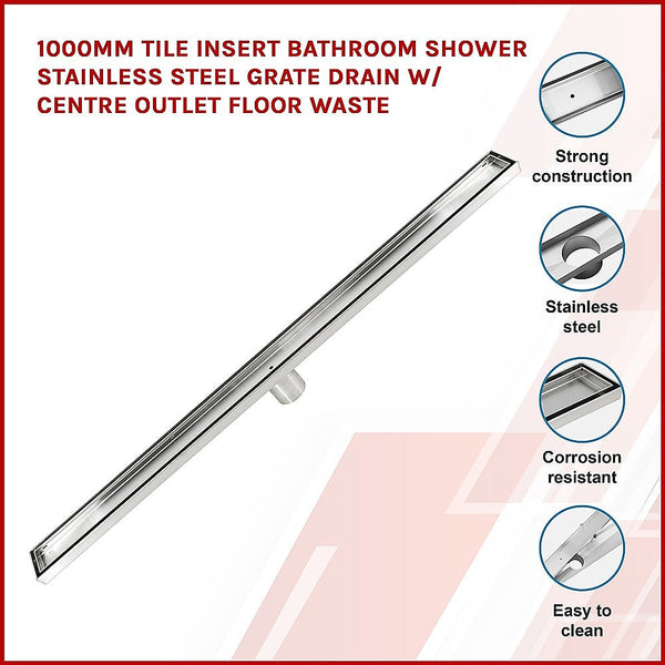 Della Francesca 1000Mm Tile Insert Bathroom Shower Stainless Steel Grate Drain W/Centre Outlet Floor Waste Drain Grates