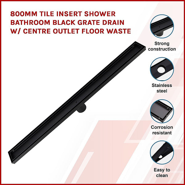 800Mm Tile Insert Shower Bathroom Black Grate Drain W/Centre Outlet Floor Waste