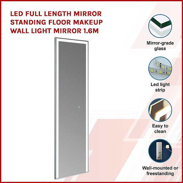 Della Francesca Led Full Length Mirror Standing Floor Makeup Wall Light 1.6M Mirrors