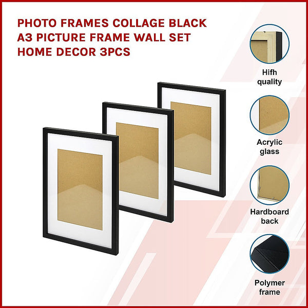 Photo Frames Collage Black A3 Picture Wall Set Home Decor 3Pcs