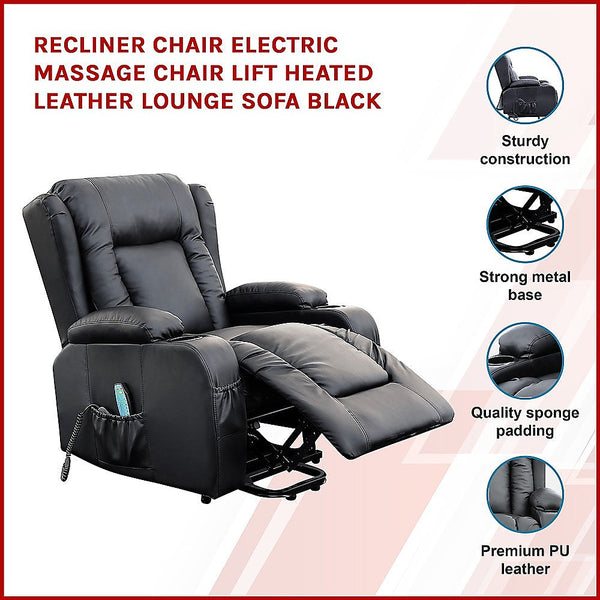 Palermo Recliner Chair Electric Massage Lift Heated Leather Lounge Sofa Black Electric Massage Chairs