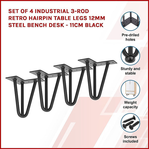 Set Of 4 Industrial 3-Rod Retro Hairpin Table Legs 12Mm Steel Bench Desk 11Cm Black