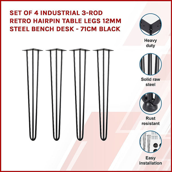 Set Of 4 Industrial 3-Rod Retro Hairpin Table Legs 12Mm Steel Bench Desk 71Cm Black