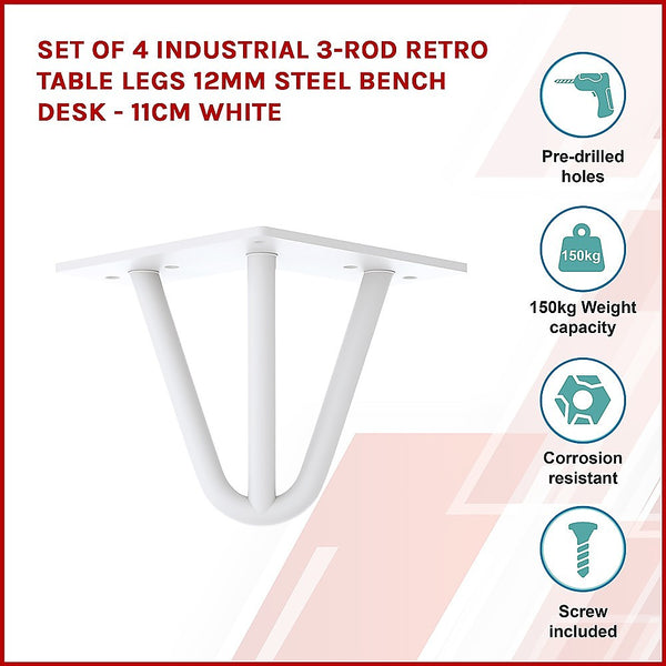 Set Of 4 Industrial 3-Rod Retro Table Legs 12Mm Steel Bench Desk 11Cm White