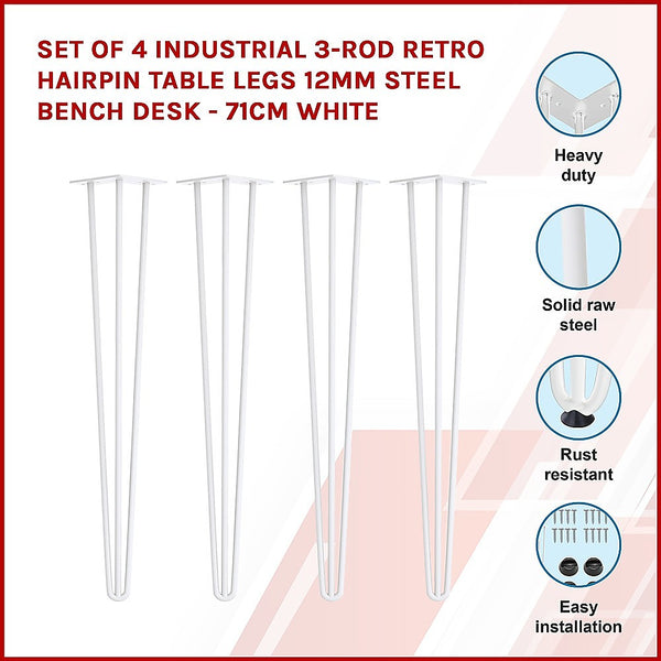 Della Francesca Set Of 4 3 Rod Retro Hairpin Table Legs 12Mm Steel Bench Desk 71Cm White Home Office Desks