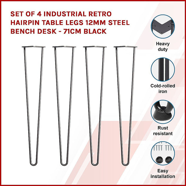 Set Of 4 Industrial Retro Hairpin Table Legs 12Mm Steel Bench Desk - 71Cm Black
