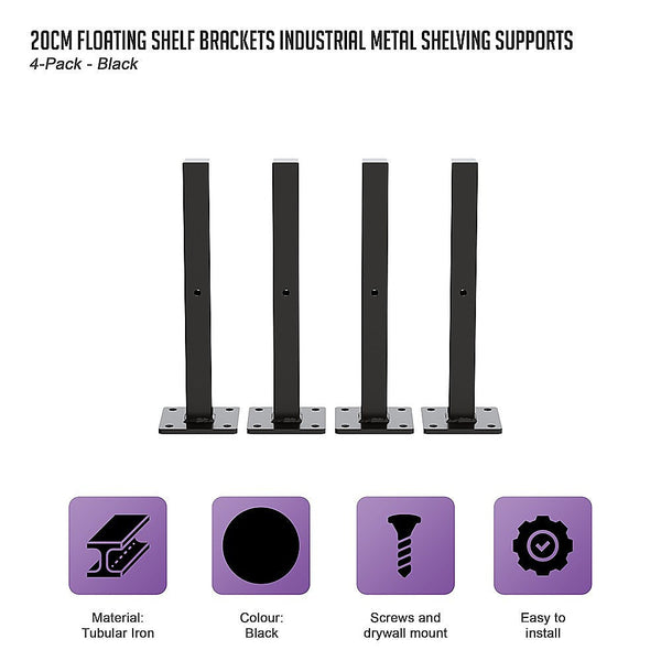 20Cm Floating Shelf Brackets Industrial Metal Shelving Supports 4-Pack Black