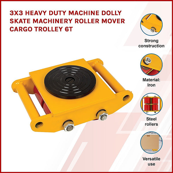 Randy & Travis Machinery 3X3 Heavy Duty Dolly Skate Roller Mover Cargo Trolley 6T Workshop Dollies
