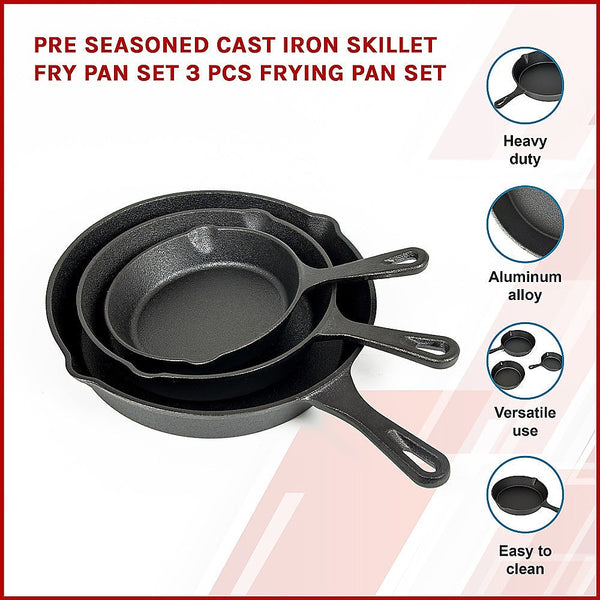 Randy & Travis Machinery Pre Seasoned Cast Iron Skillet Fry Pan Set 3 Pcs Frying Frying & Grill Pans