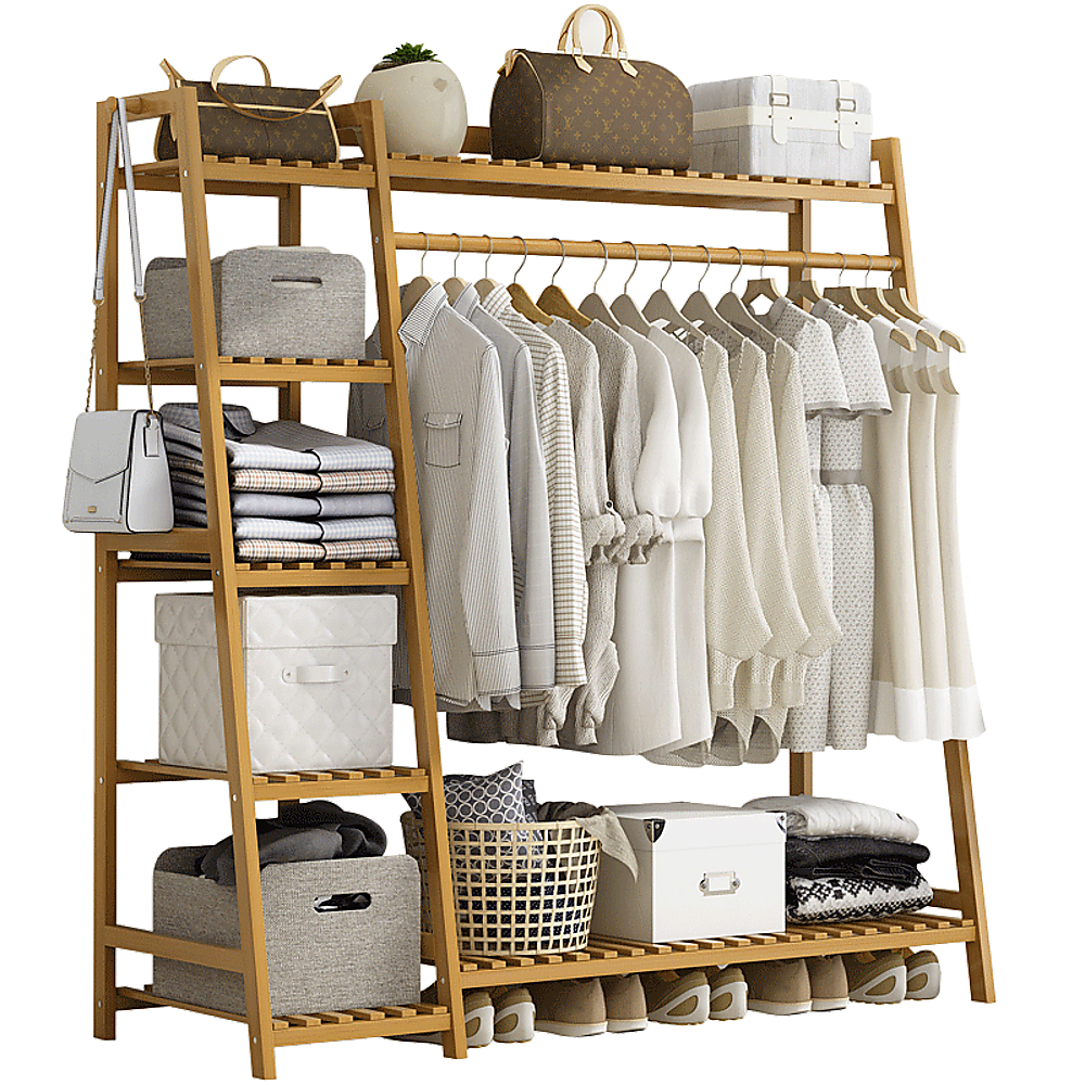 Randy & Travis Machinery Portable Clothes Rack Coat Garment Stand Bamboo Rail Hanger Airer Closet Garment Racks
