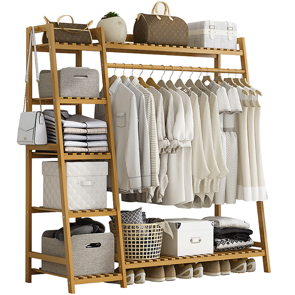 Randy & Travis Machinery Portable Clothes Rack Coat Garment Stand Bamboo Rail Hanger Airer Closet Garment Racks