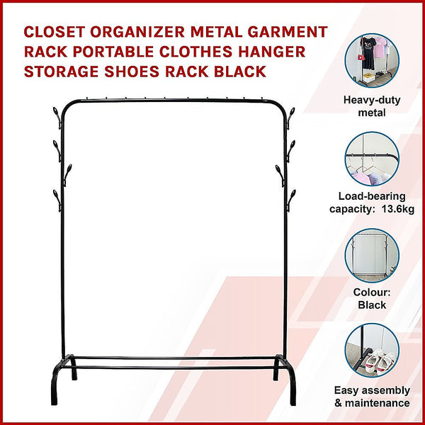 Closet Organizer Metal Garment Rack Portable Clothes Hanger Storage Shoes Black