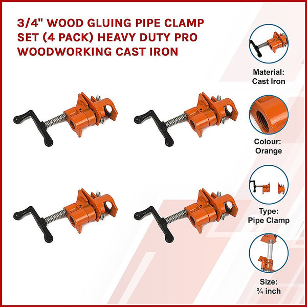 Randy & Travis Machinery 3/4" Wood Gluing Pipe Clamp Set (4 Pack) Heavy Duty Pro Woodworking Cast Iron Clamps & Vices
