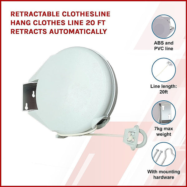Retractable Clothesline Hang Line 20 Ft Retracts Automatically