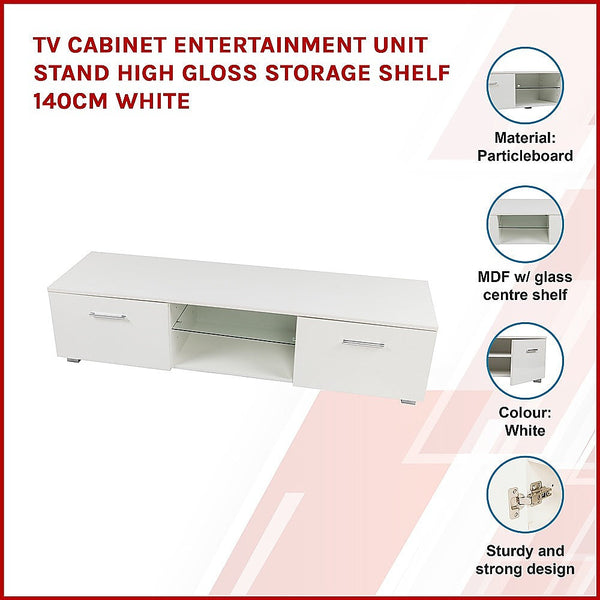Randy & Travis Machinery Tv Cabinet Entertainment Unit Stand High Gloss Storage Shelf 140Cm White Tv Stands & Entertainment Units