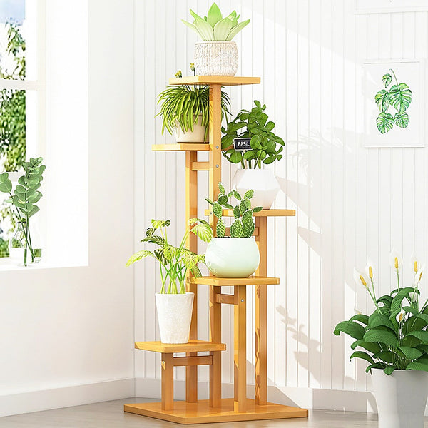 Randy & Travis Machinery 5 Tiers Vertical Bamboo Plant Stand Staged Flower Shelf Rack Outdoor Garden Plant Stands