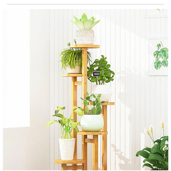 Randy & Travis Machinery 5 Tiers Vertical Bamboo Plant Stand Staged Flower Shelf Rack Outdoor Garden Plant Stands