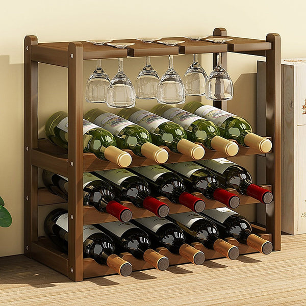 Wine Rack Free Standing 15 Bottles With 6 Glasses Holder Bamboo Storage