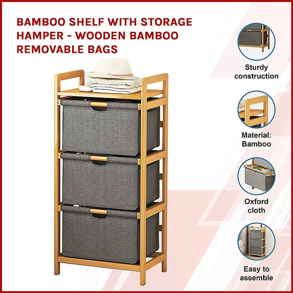 Bamboo Shelf With Storage Hamper - Wooden Removable Bags