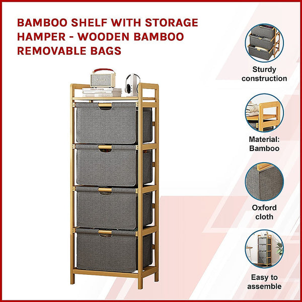 Bamboo Shelf With Storage Hamper - Wooden Removable Bags