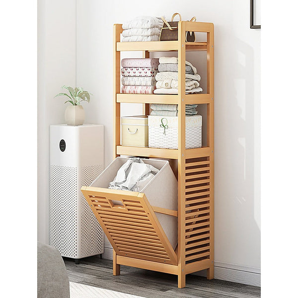 Bamboo 2-In-1 Laundry Hamper Side Table With Shelves And Clothes Basket