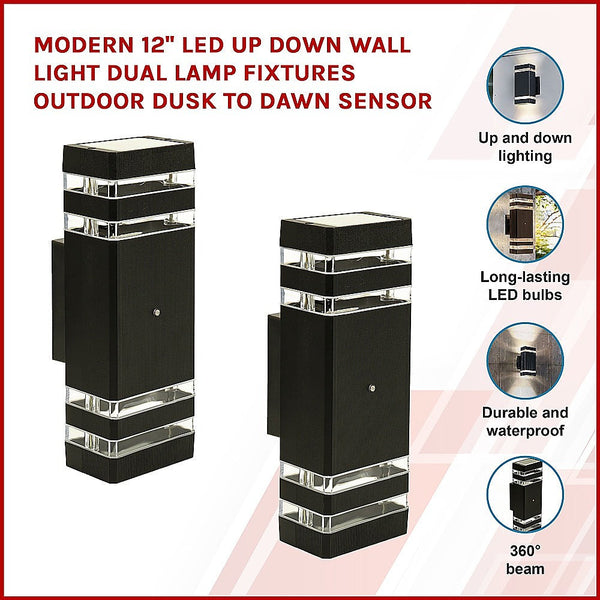 Randy & Travis Machinery Modern 12" Led Up Down Wall Light Dual Lamp Fixtures Outdoor Dusk To Dawn Sensor Landscape & Walkway Lights