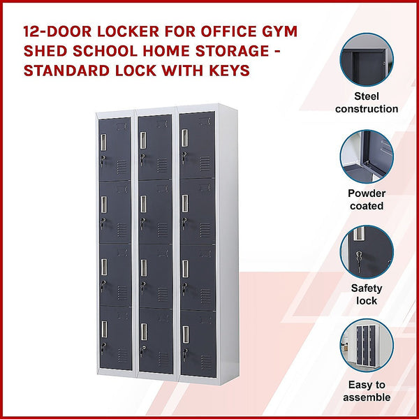 12-Door Locker For Office Gym Shed School Home Storage Standard With Keys