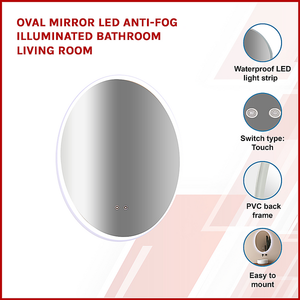 Della Francesca Oval Mirror Led Anti Fog Illuminated Bathroom Living Room Mirrors