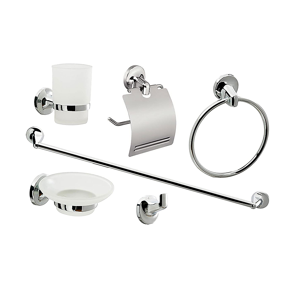 Della Francesca Bathroom Accessories Set 6 Piece Pack Chrome Wall Mounted Easy Fittings Towel Racks