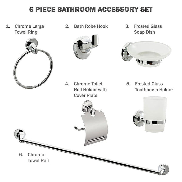 Della Francesca Bathroom Accessories Set 6 Piece Pack Chrome Wall Mounted Easy Fittings Towel Racks