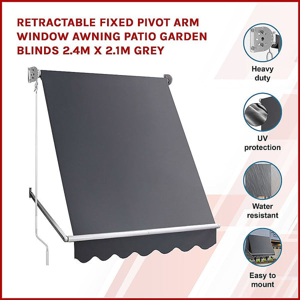 Bariloche Retractable Fixed Pivot Arm Awning Patio Garden Blinds 2.4M X 2.1M Grey Awning & Canopy Parts
