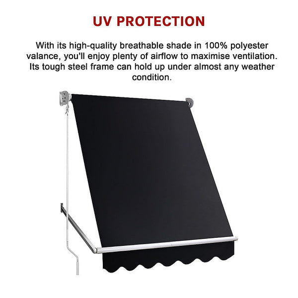 Bariloche Retractable Fixed Pivot Arm Awning Patio Garden Blinds 2.4M X 2.1M Black Awning & Canopy Parts