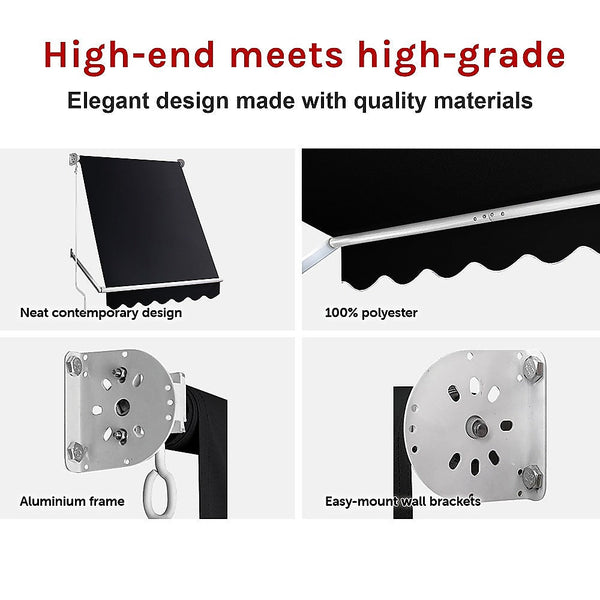 Bariloche Retractable Fixed Pivot Arm Awning Patio Garden Blinds 2.4M X 2.1M Black Awning & Canopy Parts