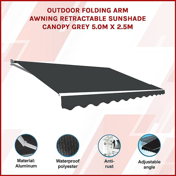 Bariloche Outdoor Folding Arm Awning Retractable Sunshade Canopy Grey 5.0M X 2.5M Awning & Canopy Parts
