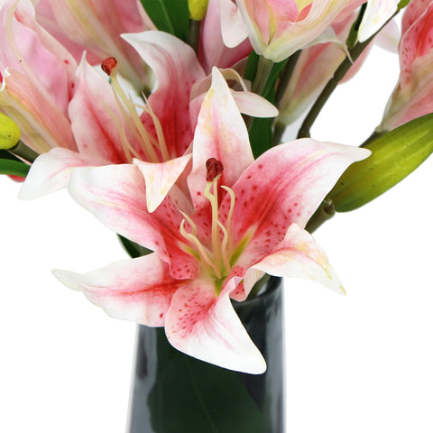 Premium Faux Pink Lily In Glass Vase (Artificial Tiger Arrangement)