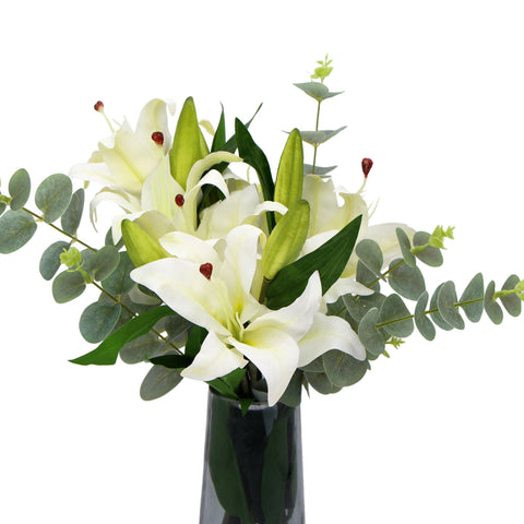 Premium Faux White Lily In Glass Vase (Tiger Bouquet With Eucalyptus)