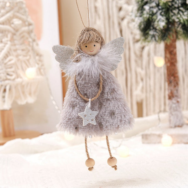 Fluffy Angel Hanging Ornament With Heart And Glitter Wings Christmas Tree Decoration 16*10 Cm Grey(6 Pieces) Seasonal Decorations