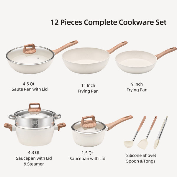 Yej 12 Piece Non Stick Complete Cookware Set | Pots Pans & Utensils (White) Other Cookware