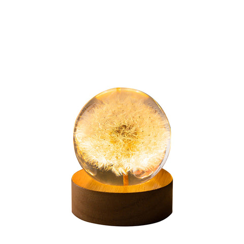 Elsoung Luminous 3D Dandelion Crystal Ball Beech Wood Stand Base Preserved Flower Sphere Desktop Ornaments Bithday Christmas Gifts Night Lights