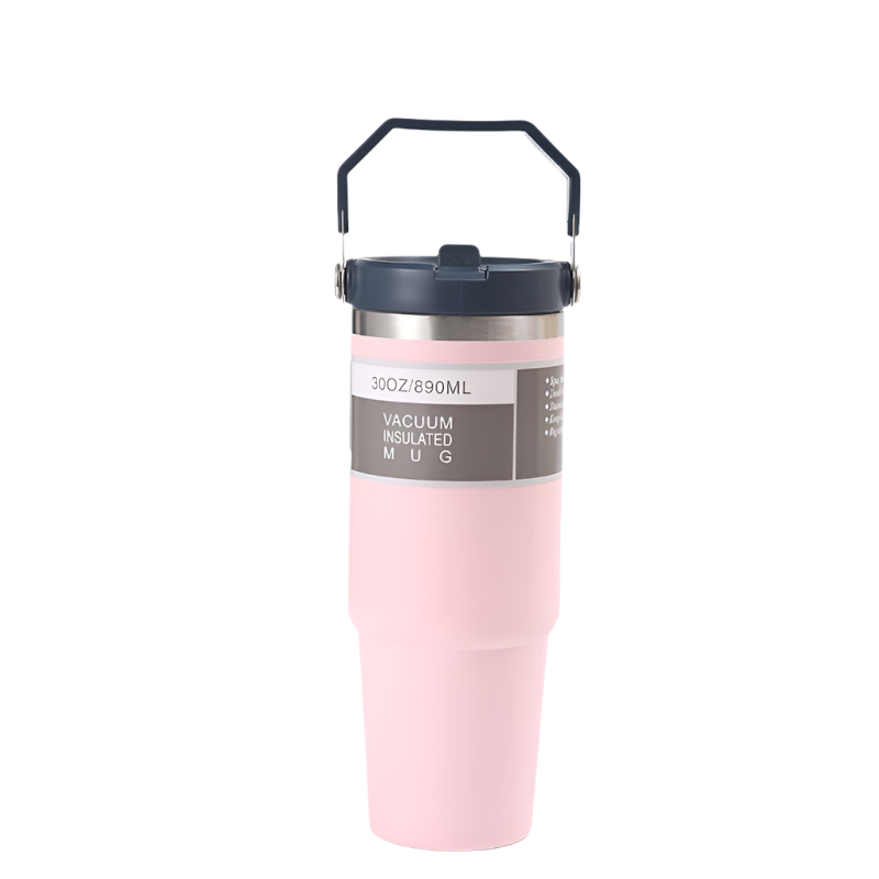 Elosung Pink 30Oz 304 Stainless Steel Ice Cup With Handle Portable Car And Travel Double Insulated For Hot & Cold Drinks Vacuum Flasks & Mugs