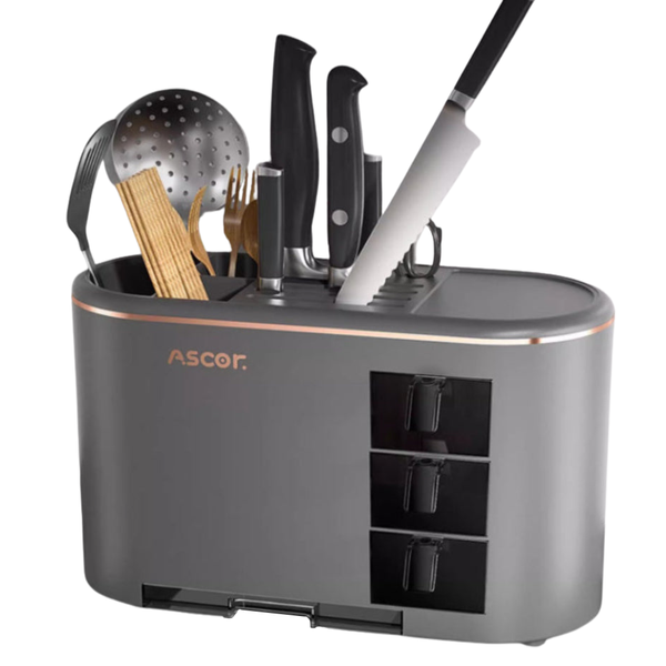 Grey All In One Kitchen Knife And Utensil Holder Multi Functional Organizer With Storage Drawers Drawer Organisers