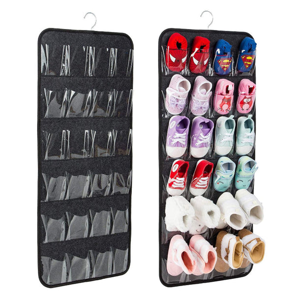 Dark Grey Hanging Felt Shoe Organizer With 24 Clear Pockets Anti Rust Metal Hanger Included Perfect For Shoes Toys Accessories Shoe Organisers