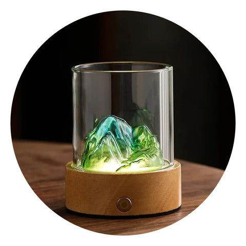 Green Blue Led Glass Night Light With Mountain Design Usb Rechargeable Night Lights