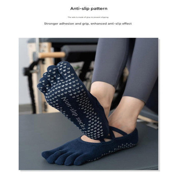 Elosung 2 Pcs Dark Blue Non Slip Yoga Pilates With Toe Design For Women Cotton Blend Anti Silicone Grip Socks